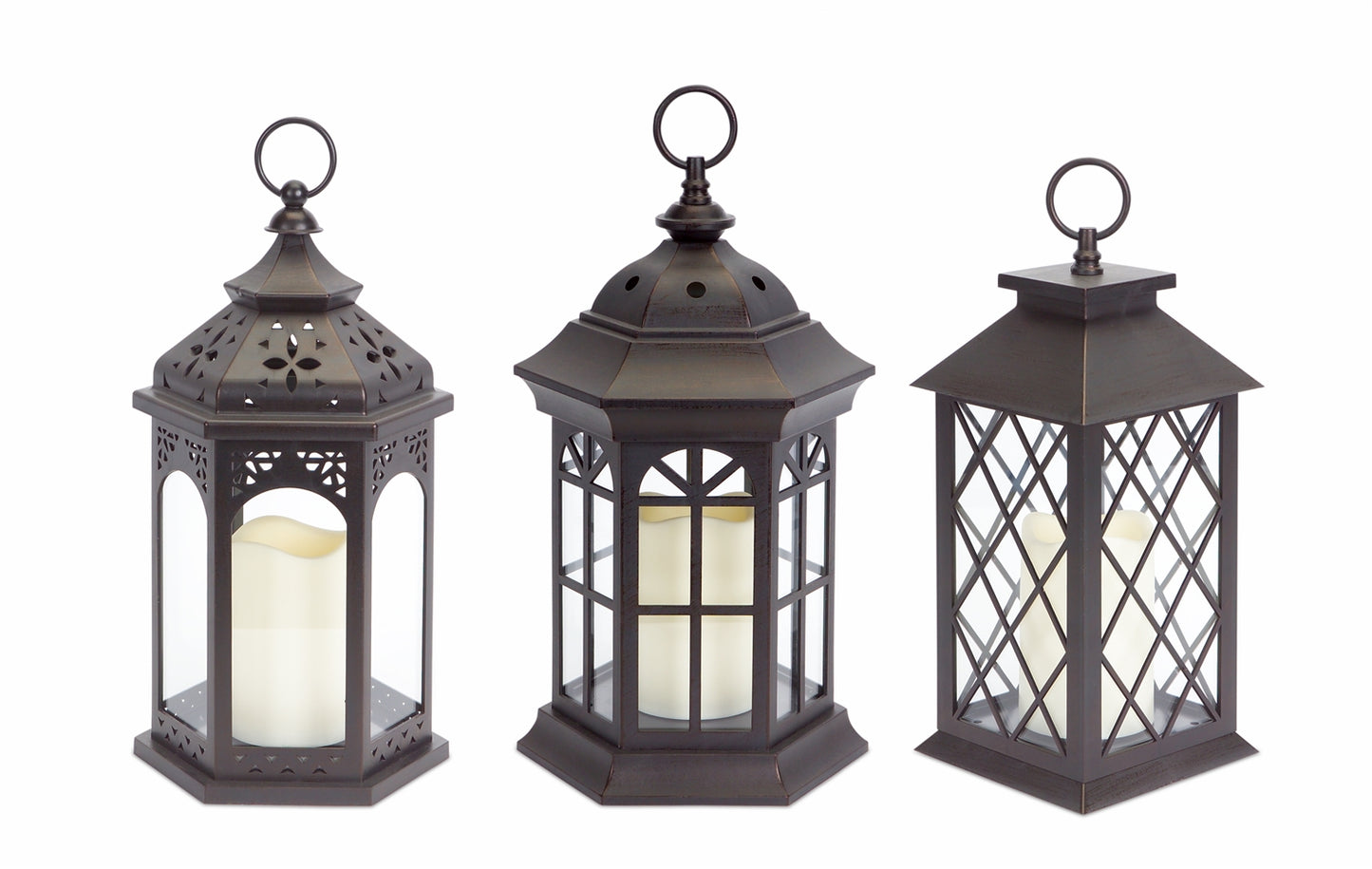 Lanterns w/LED Candle (3 Asst) w/6 Hour Timer 13"H Plastic/Glass