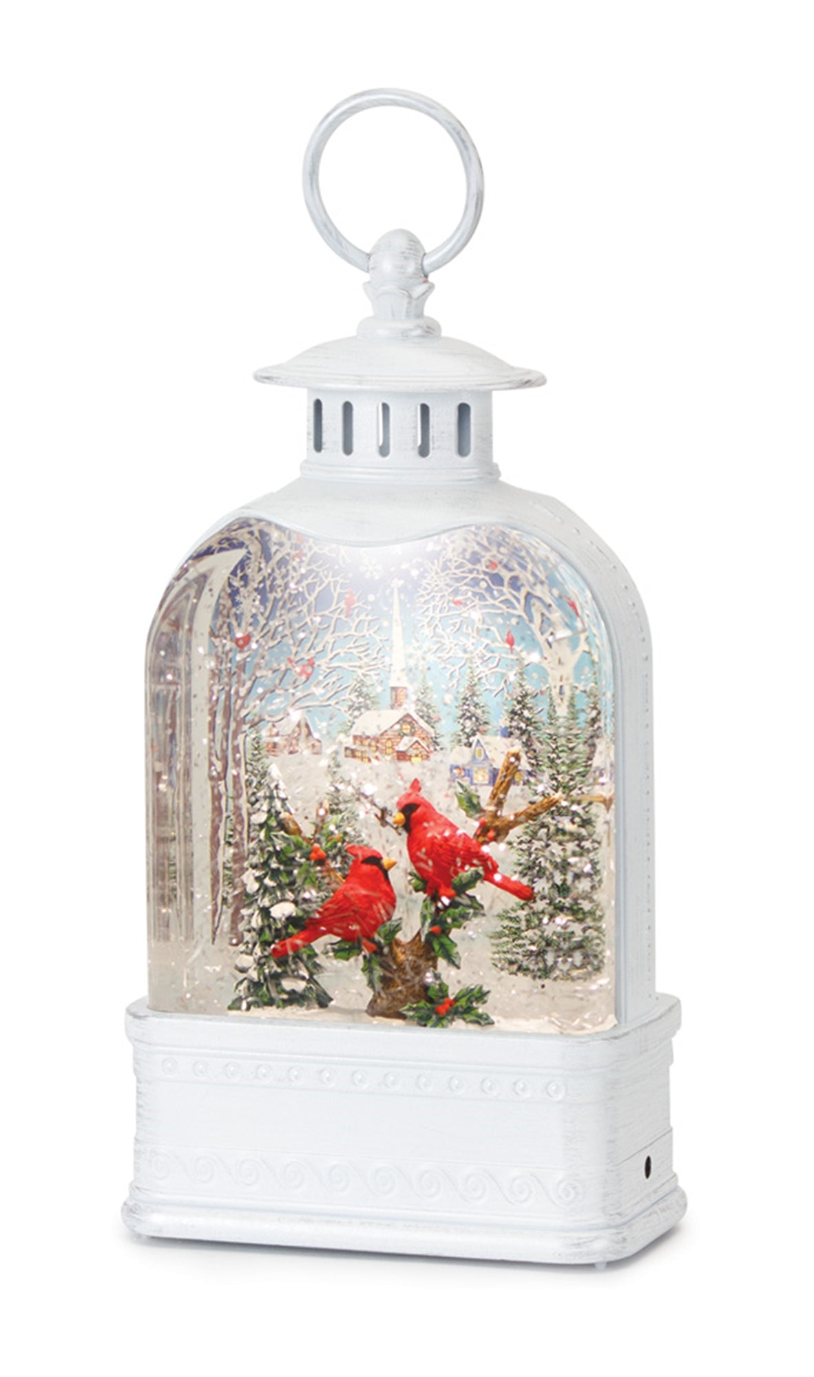 Snow Globe Lantern w/Cardinals 10.5"H Plastic 6 Hr Timer 3 AA Batteries, Not Included)