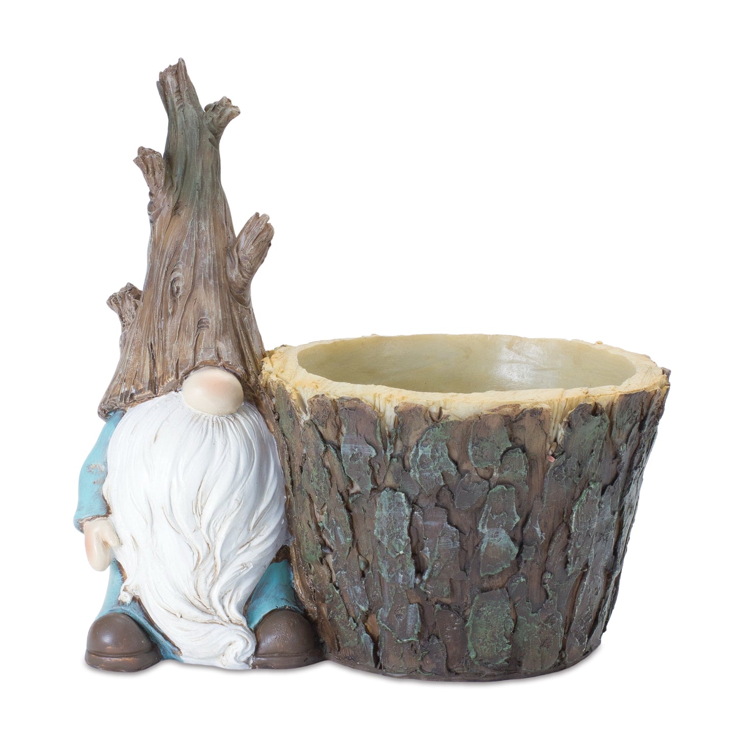 Gnome w/Tree Trunk Pot 6.5"L x 6.75"H Resin